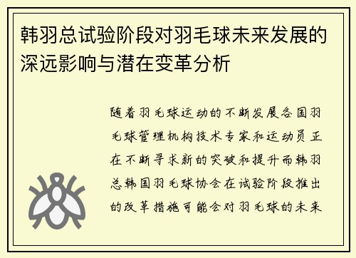 韩羽总试验阶段对羽毛球未来发展的深远影响与潜在变革分析 韩羽总试验阶段对羽毛球未来发展的深远影响与潜在变革分析