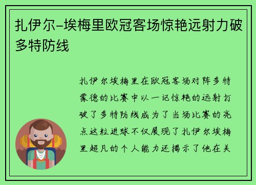 扎伊尔-埃梅里欧冠客场惊艳远射力破多特防线