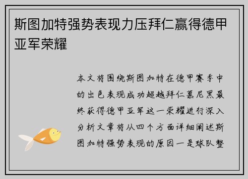 斯图加特强势表现力压拜仁赢得德甲亚军荣耀