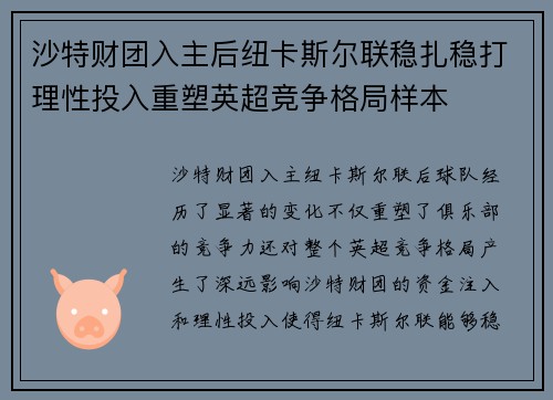 沙特财团入主后纽卡斯尔联稳扎稳打理性投入重塑英超竞争格局样本
